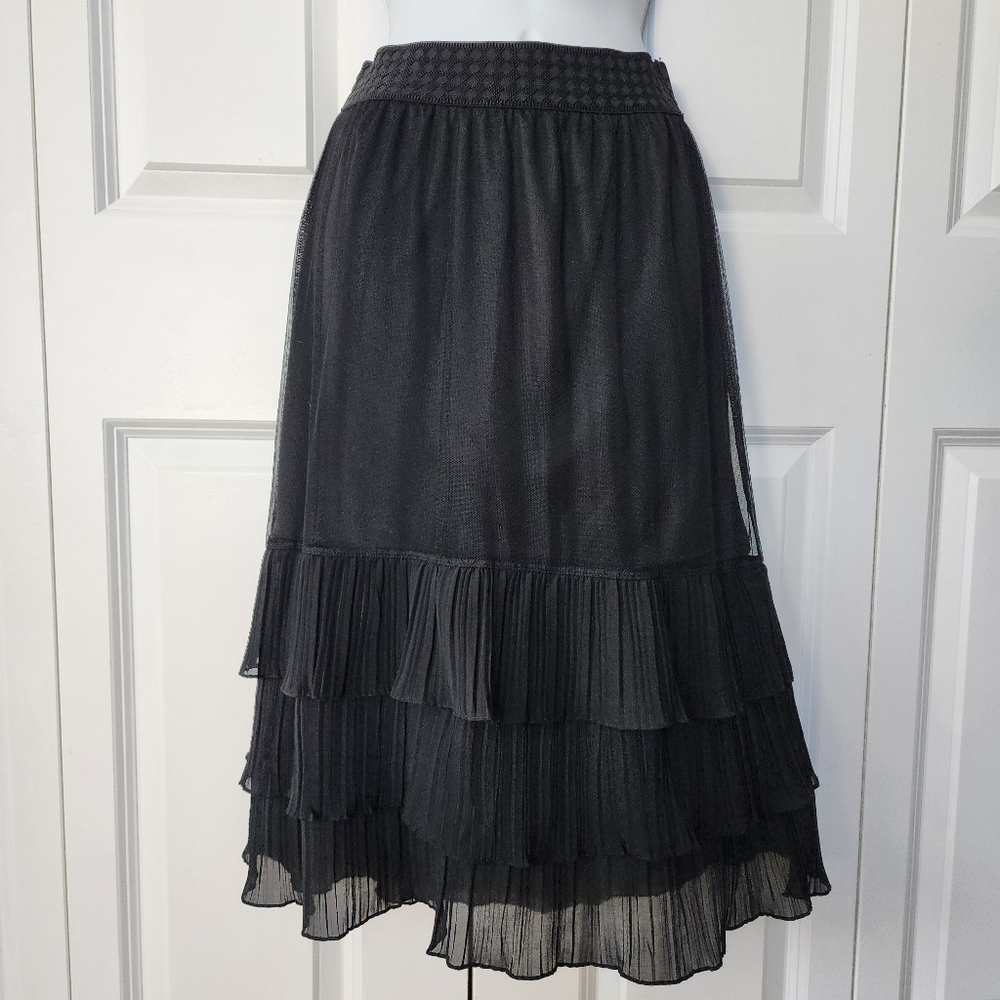 NWOT Sheer Layered Black Pleated Midi Skirt Elastic Waist Size Small